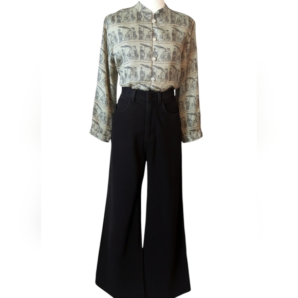 Vtg Silk Asian Inspo Print Button sage green Button Front Shirt Blouse Sz M - Picture 1 of 11